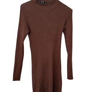 Nasty Gal Brown Ribbed Sheath Dress Mock Neck Long Sleeve Woman's Size 8